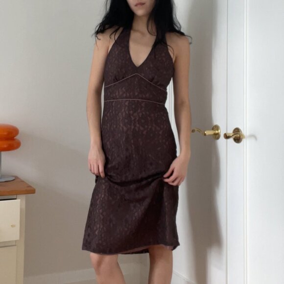 Vintage Brown Lace Halter Top Midi  Dress - Picture 9 of 9